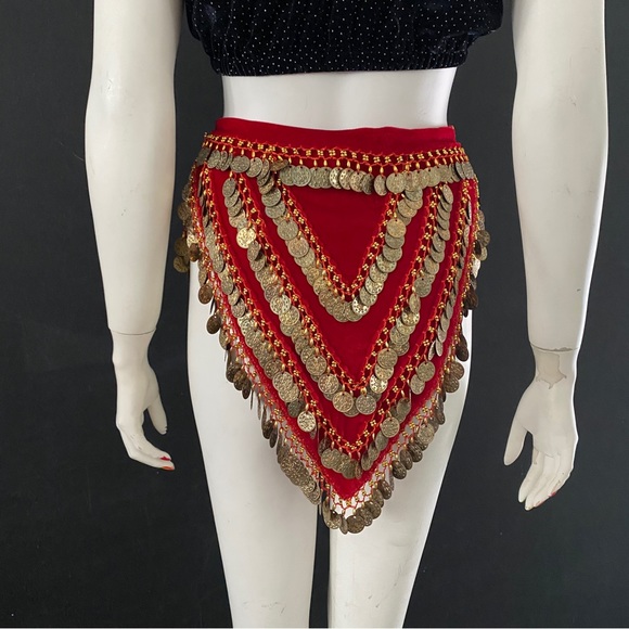 Red Velvet Gold Coin Triangle Hip Scarves Belly Dance - Picture 5 of 6